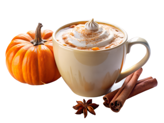 Pumpkin spice latte with whipped cream, cinnamon sticks, and star anise, isolated on transparent background