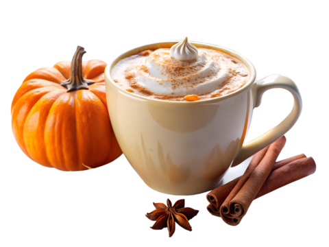 Pumpkin spice latte with whipped cream, cinnamon sticks, and star anise, isolated on transparent background