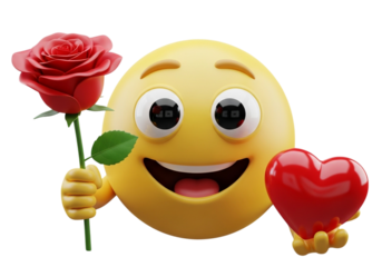 Happy emoji holding a red rose and heart isolated on transparent background