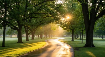 Obraz premium Sunrise Path Through Lush Trees.