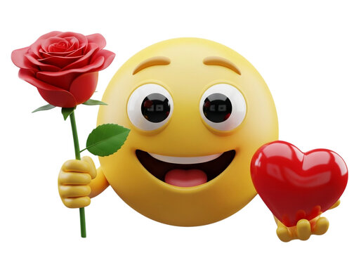 Happy emoji holding a red rose and heart isolated on transparent background - Powered by Adobe
