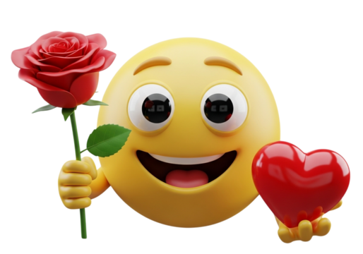 Happy emoji holding a red rose and heart isolated on transparent background - Powered by Adobe