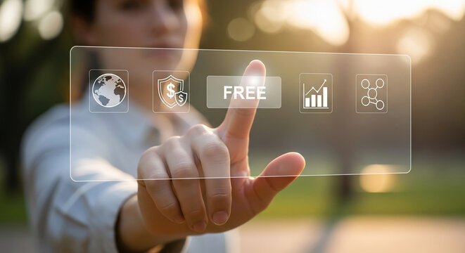 Woman's finger touches transparent interface showing "FREE", global icon, security shield, graph, network  Illustrates free access to global data, security, growth, and networking