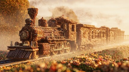 A nostalgic vintage steam train intricately sculpted from artisanal bread and aged cheeses, chugging through a misty autumn landscape. A savory and surreal food art transport. 
