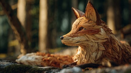  A cunning fox intricately sculpted from vibrant ginger and spices, set in a soft forest background. A unique and earthy food art animal concept. 