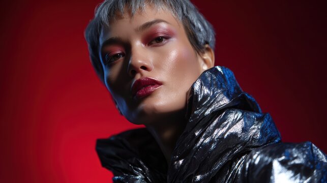 Model posing in avant-garde metallic outfit under dramatic studio lighting for high fashion editorial