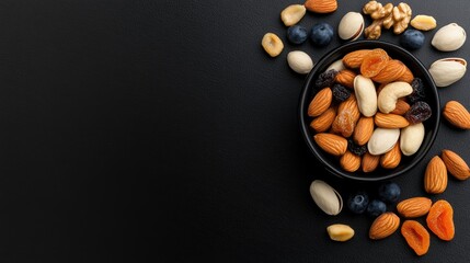Experience the vibrant colors and textures of dried fruits and nuts arranged in a bowl, perfect for Eid al-Fitr. The dark background provides space for personalized messages