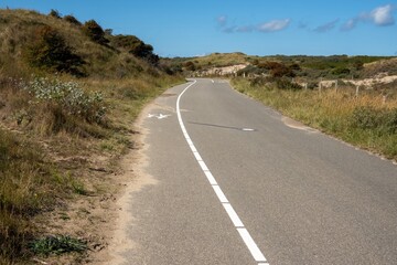 Winding road through coastal dunes invites exploration on sunny day