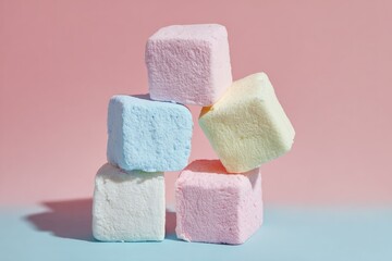 Stack of pastel-colored marshmallow cubes on a soft pink and blue gradient background