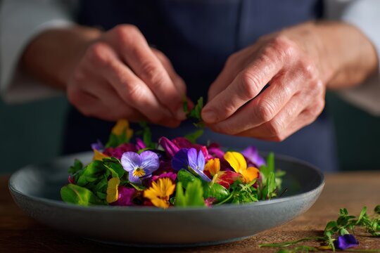 A chef artfully garnishing a vibrant vegan salad with edible flowers in a rustic kitchen - Powered by Adobe