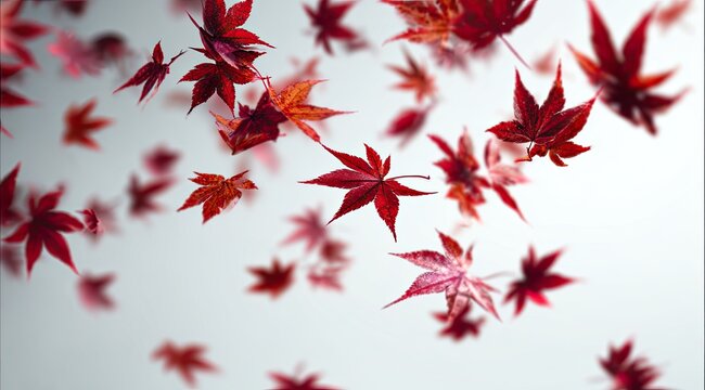 Red maple leaves float in mid-air, a gentle autumnal scene