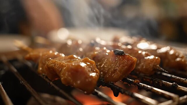 Close-up cinematic shot of delicious satay skewers grilling over hot coals with smoke rising