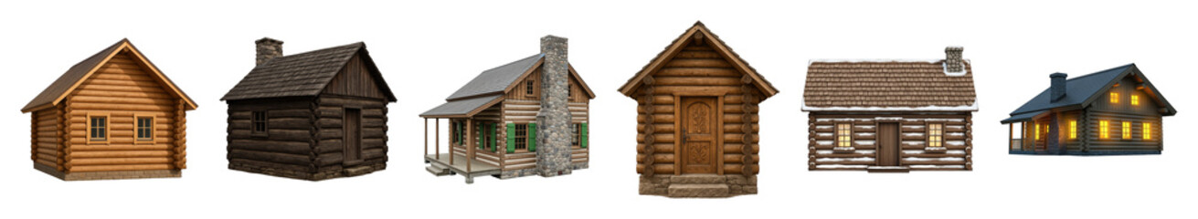 Log cabin set including rustic, traditional, modern, winter, and illuminated styles isolated. Architectural design and cozy housing collection.