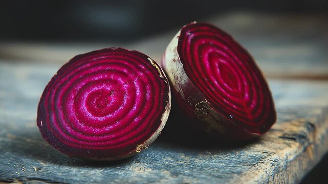 Two halves of beetroot with bright red flesh on wooden table.