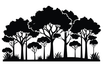Black Silhouette Illustration of Dense Trees with Bushy Tops and Foreground Grasses