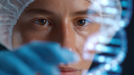 Scientist in a sterile lab environment analyzing DNA sequences on transparent digital panels with holographic effects