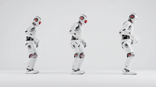 Three humanoid robots dancing together on clean white background, futuristic artificial intelligence android performance showing synchronized movement, modern robotic technology animation for entertai