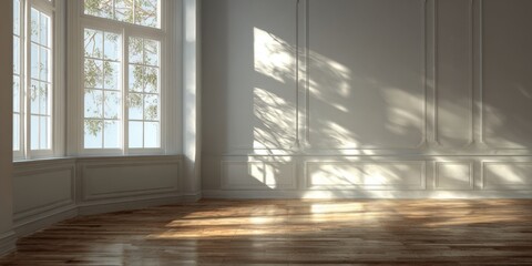 Sunlit empty room with wooden floor and large windows