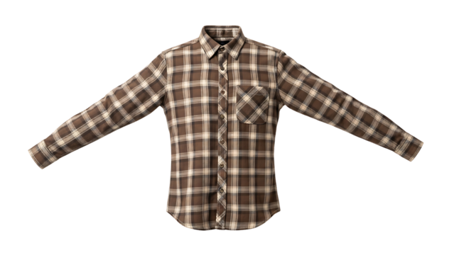 Brown and beige plaid button-down shirt, displayed against a white background.