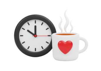 Clock showing 10 oclock next to a steaming coffee cup with heart isolated on transparent background