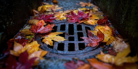 Fototapeta premium Vibrant autumn leaves surrounding a glistening metal drain in tranquil urban scene