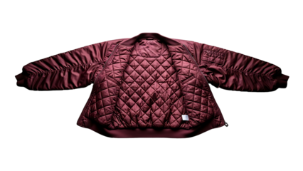 A dark red quilted bomber jacket laid flat and open, showcasing its textured interior.