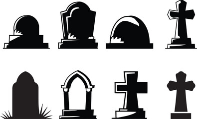 Tombstone and gravestone silhouette set with cross icons, vector illustration