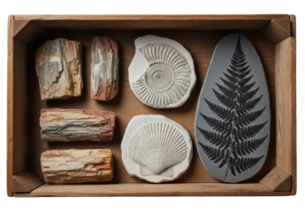 Aged dark wooden crate, partially filled with petrified wood, ancient shells, and a fern fossil, on a transparent background. Concept of scientific preservation of natural history
