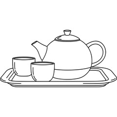 Obraz premium Simple line art drawing of a traditional tea set with a teapot and two cups on a tray, designed for a coloring book page or icon