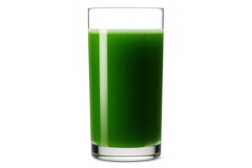 Green juice filling a transparent glass on transparent background