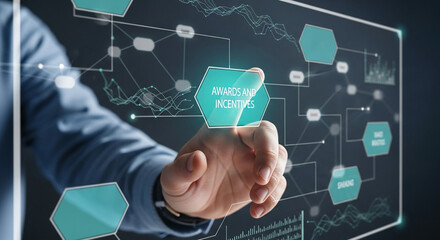 Hand interacts with digital interface showing awards and incentives program, data visualization and network graph, representing business strategy and technological advancement