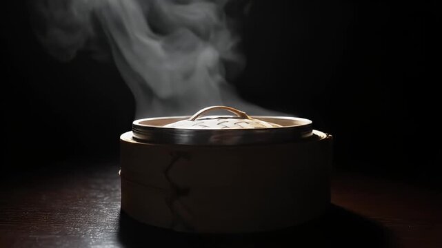 Steaming Bamboo Dim Sum Basket with Rising Steam Against a Dark, Moody Background