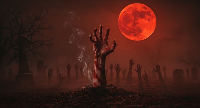 A zombie hand rises from the grave in a graveyard under a large, red moon, with other hands emerging. - Powered by Adobe