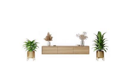 Modern reception desk with potted plants and decorative elements creating a welcoming atmosphere transparent background