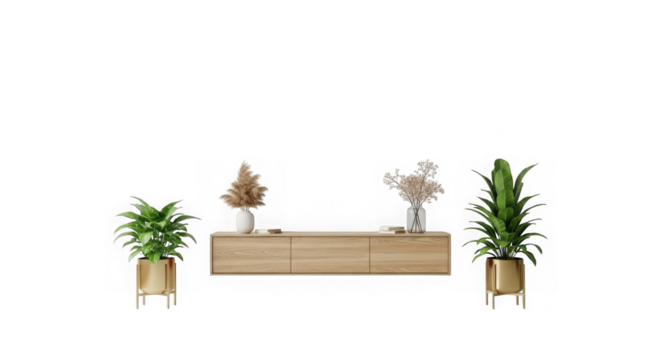 Modern reception desk with potted plants and decorative elements creating a welcoming atmosphere transparent background