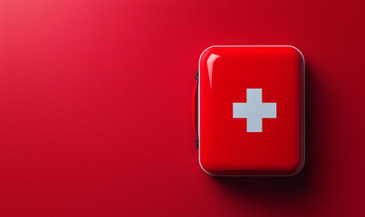 Obraz premium Red first aid kit with a white cross on a vivid red background, symbolizing emergency preparedness and medical care.