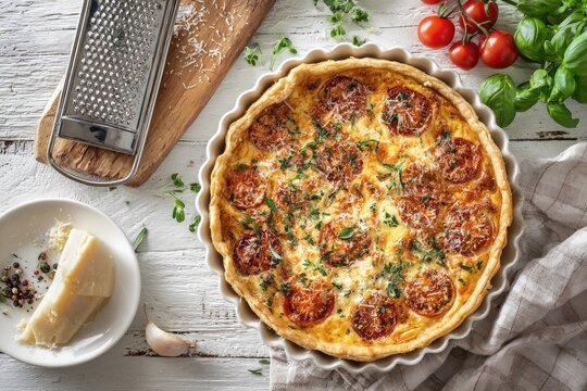 Fresh tomato tart on a white wooden surface, garnished with herbs and cheese - Powered by Adobe