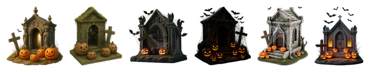 Halloween crypts set including mossy, dark, lit, and haunted mausoleums decorated with jack-o'-lanterns isolated. Spooky season design elements.