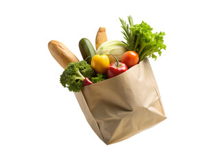 Paper grocery bag filled with bread, vegetables and fruits isolated on transparent background