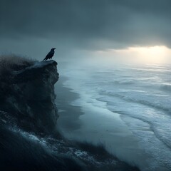 Solitary crow perched on a cliff overlooking a stormy, misty ocean at dawn.