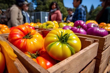 Vibrant assortment of heirloom tomatoes in wooden crates at a bustling farmers market, showcasing colorful produce and a lively atmosphere of community engagement