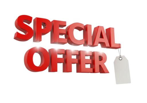 Red 3d text special offer with tag isolated on transparent background