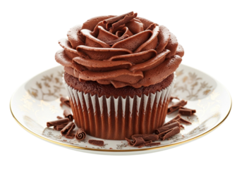Chocolate cupcake with frosting and shavings isolated on transparent background