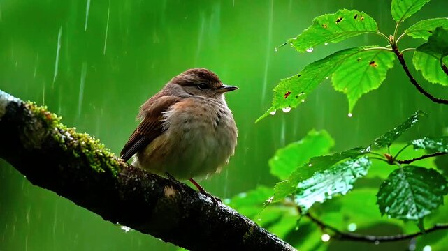 Fluffed Bird Sitting on Tree Branch in Rain &ndash; Peaceful Forest Senescence