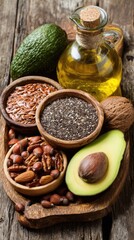 Wooden board showcasing various healthy fats
