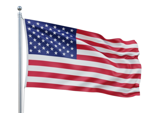 American flag waving on a flagpole isolated on transparent background