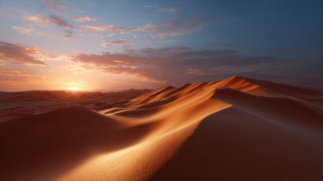 Vast desert landscape with towering sand dunes under a colorful sunset sky