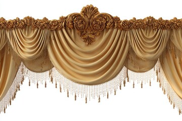 Ornate, golden-beige drapes with decorative trim
