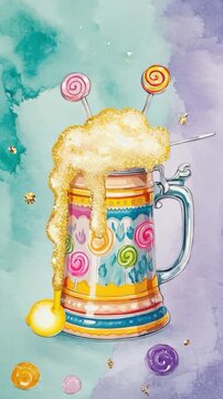 Whimsical Beer Stein Overflowing with Golden Foam and Lollipops, Watercolor Styles. footage video