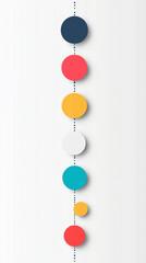 Minimalist vertical timeline: colorful circular nodes aligned along a dotted line on a light background, suggesting process steps or milestones in a clean geometric design